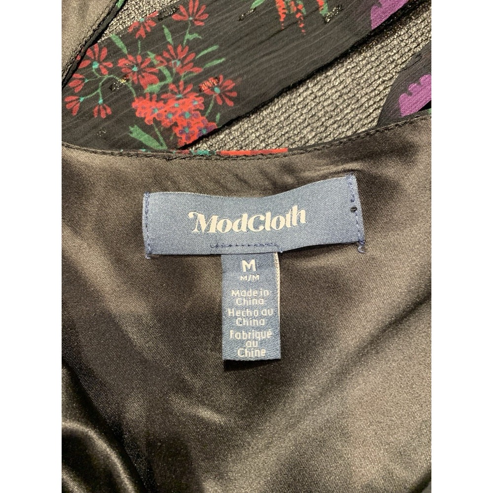 ModCloth Black Floral Puff Sleeve Babydoll Dress size Medium Meow Bouquet Retro - Picture 5 of 6